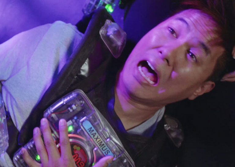a video depicting a group of friends playing laser tag at Timezone